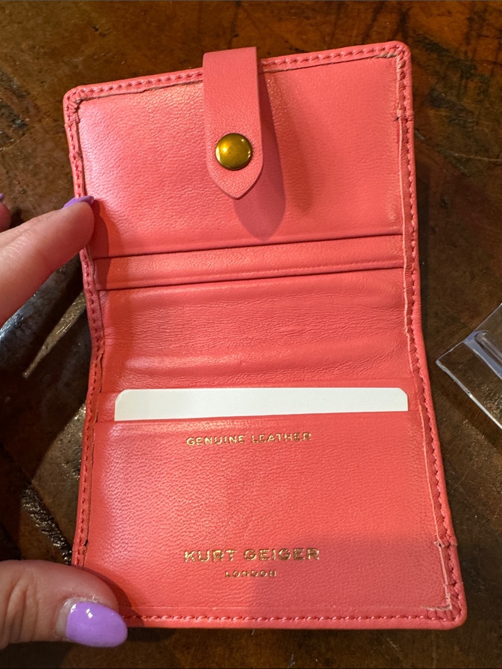 Kurt Geiger Quilted Coral Card Wallet with Gold Snap - Picture 6 of 6